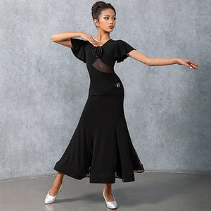 Women's Black Mesh & Ruffle Sleeve Ballroom Dance Dress with Floral Applique