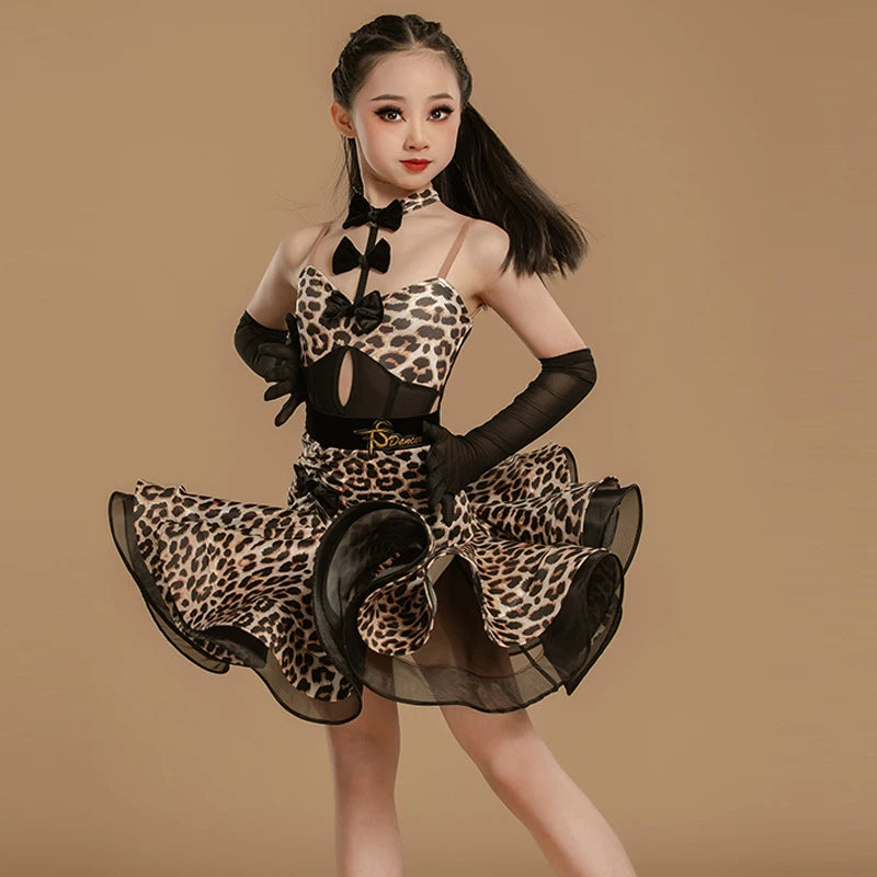 Girls Leopard Print Mesh Latin Dance Dress with Gloves