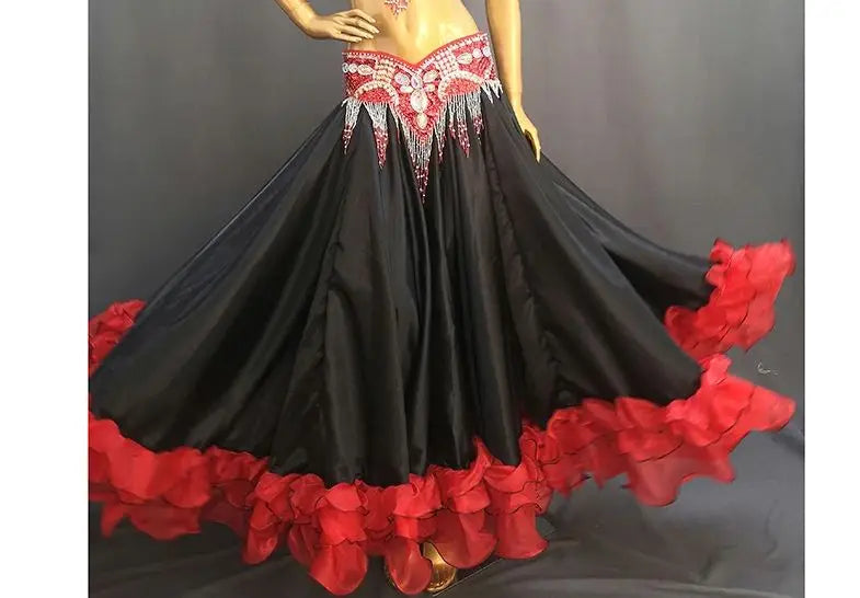 Women's Red and Black Ruffled Satin and Organza Belly Dance Skirt with Beaded Hip Scarf for Performance