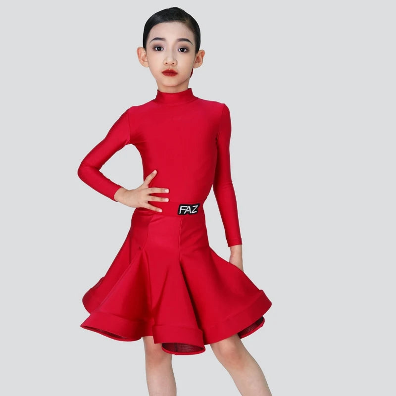 Girls' Pink Long Sleeve Mock Neck Pleated Skirt Latin Ballroom Dance Dress