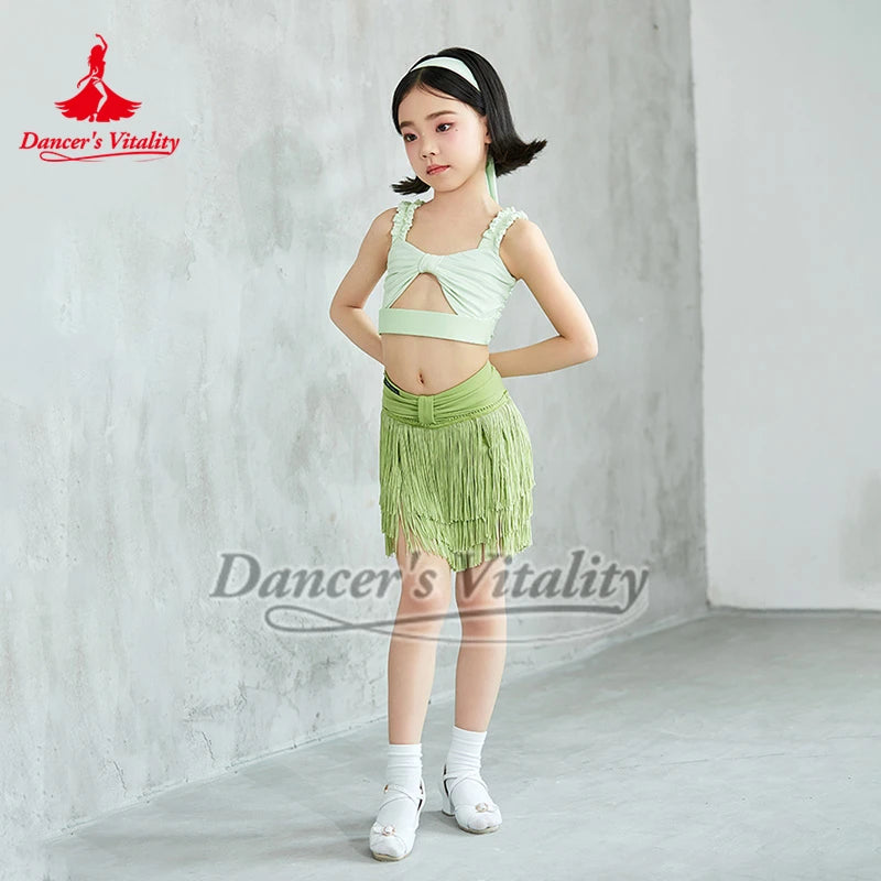 Girls' Light Green Cut-Out Ruffled Crop Top & Fringe Skirt Latin Dance Costume