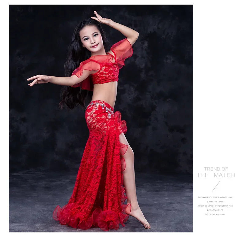 Girls Red Lace Ruffle Belly Dance Costume Set
