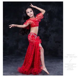 Girls Red Lace Ruffle Belly Dance Costume Set