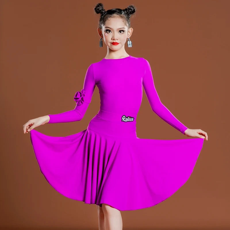 Girls Latin Dance Dress, Long Sleeve, Pleated Skirt, Ballroom Performance Costume