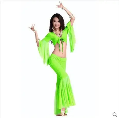 Belly Dance Costume Women's Purple Chiffon Long Sleeve Crop Top and Flare Pants Set
