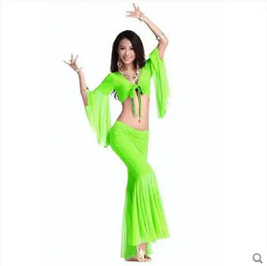 Belly Dance Costume Women's Purple Chiffon Long Sleeve Crop Top and Flare Pants Set