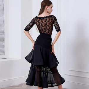 Women's Black Lace & Chiffon Ballroom Dance Dress with Ruched Waist and Tiered Skirt