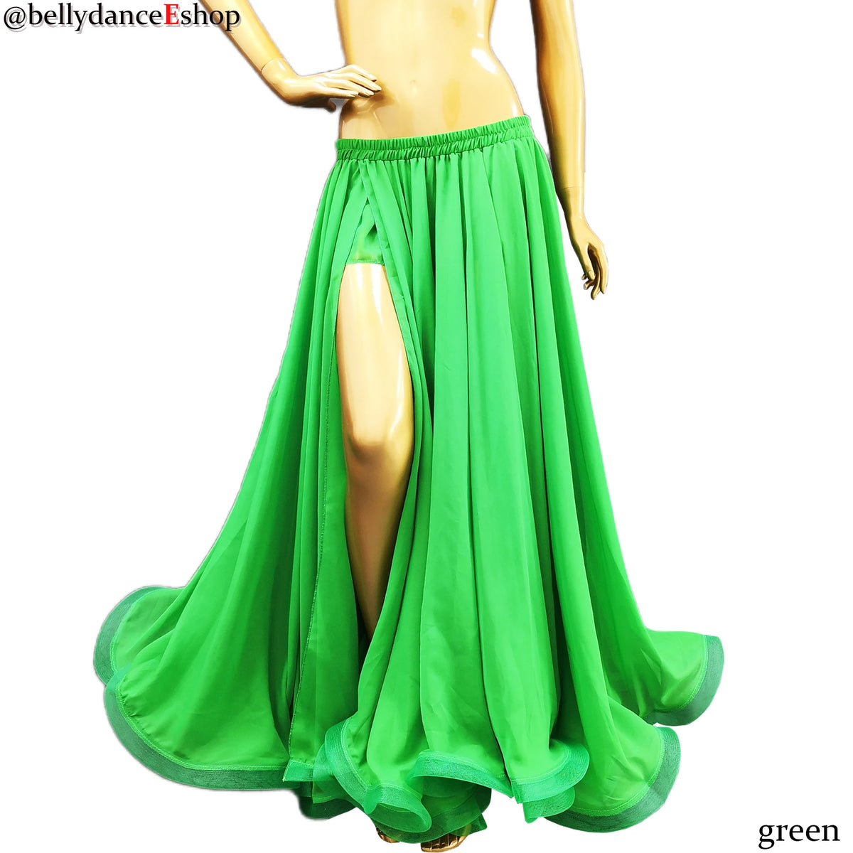 Belly Dance Women's Yellow Chiffon Full Circle Skirt with Gold Trim, Slit Design