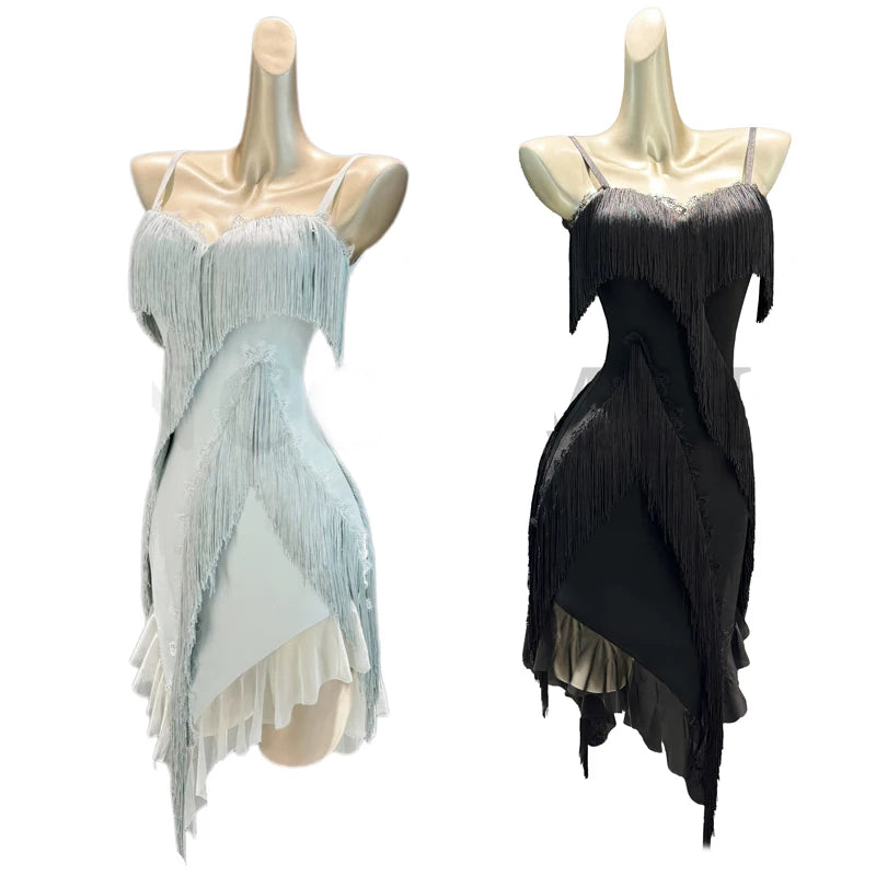 Women's Light Blue/Black Fringe Asymmetrical Hem Latin Dance Dress