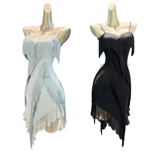 Women's Light Blue/Black Fringe Asymmetrical Hem Latin Dance Dress