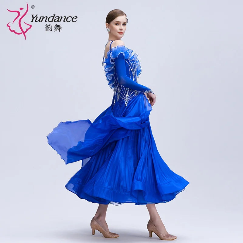 Women's Long Standard Ballroom Dance Dress With Rhinestones In Pleated Fabric For Performance