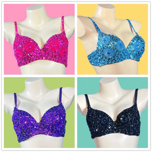 Sequin Beaded Dance Bra Top, Women's, Pink, Blue, Purple, Black, Embellished, Belly Dance