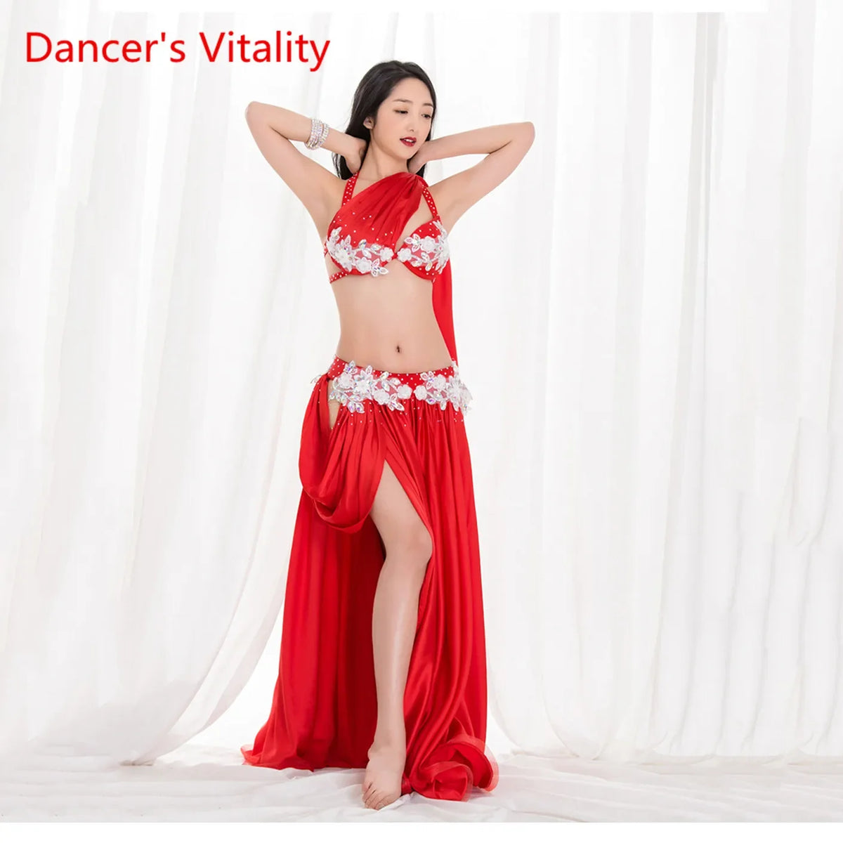 Belly Dance Costume Women's White Sequin Halter Top & High Slit Skirt Set Chiffon Tribal Fusion Dancewear