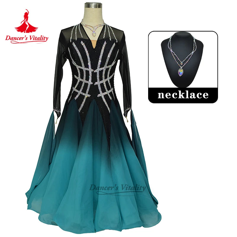 Women's Ballroom Dress Long Sleeve Gradient Chiffon Full Skirt For Waltz Foxtrot Quickstep Competition