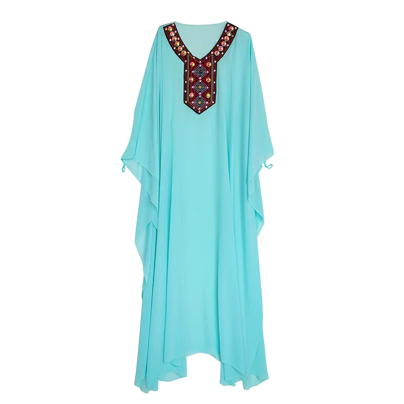 Women's Aqua Chiffon Embroidered V-Neck Kaftan Belly Dance Costume