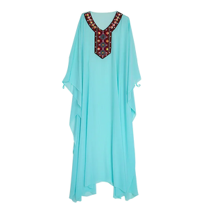 Women's Aqua Chiffon Embroidered V-Neck Kaftan Belly Dance Costume