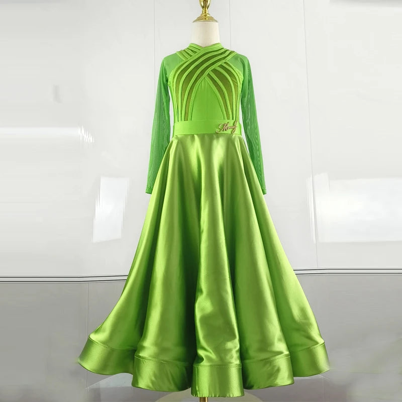 Women's Pink Satin Ballroom Dance Dress with Mesh Sleeves and Ruched Bodice