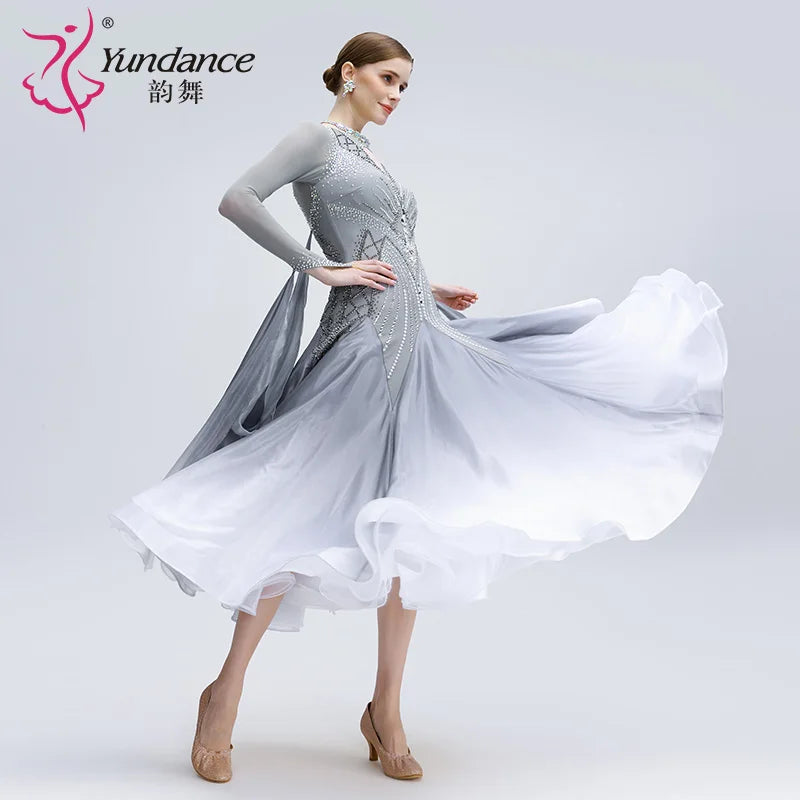 Women's International Standard Ballroom Dance Dress In Ombre Silk With Pearl Embellishments For Competition