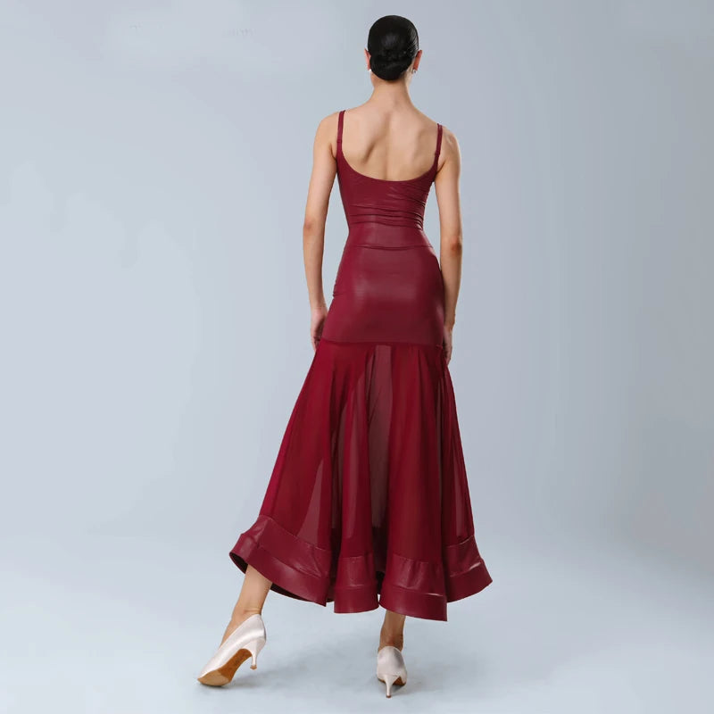 Women's Red Faux Leather & Chiffon Mermaid Latin Dance Dress with Ruffle Trim & Tie Detail