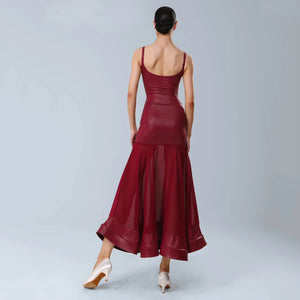 Women's Red Faux Leather & Chiffon Mermaid Latin Dance Dress with Ruffle Trim & Tie Detail