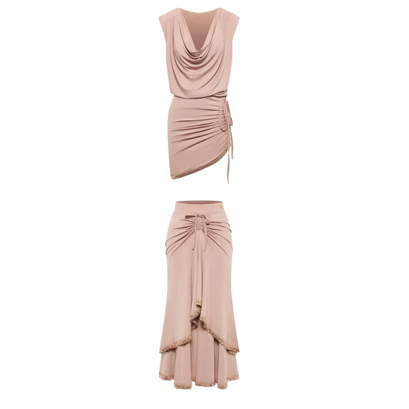Women's Nude Pink Ruched Draped Tiered Skirt Latin Dance Dress