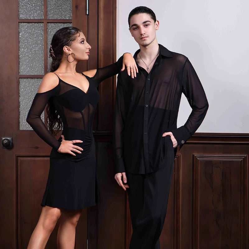 Men's Black Sheer Mesh Long Sleeve Button-Down Dance Shirt for Ballroom