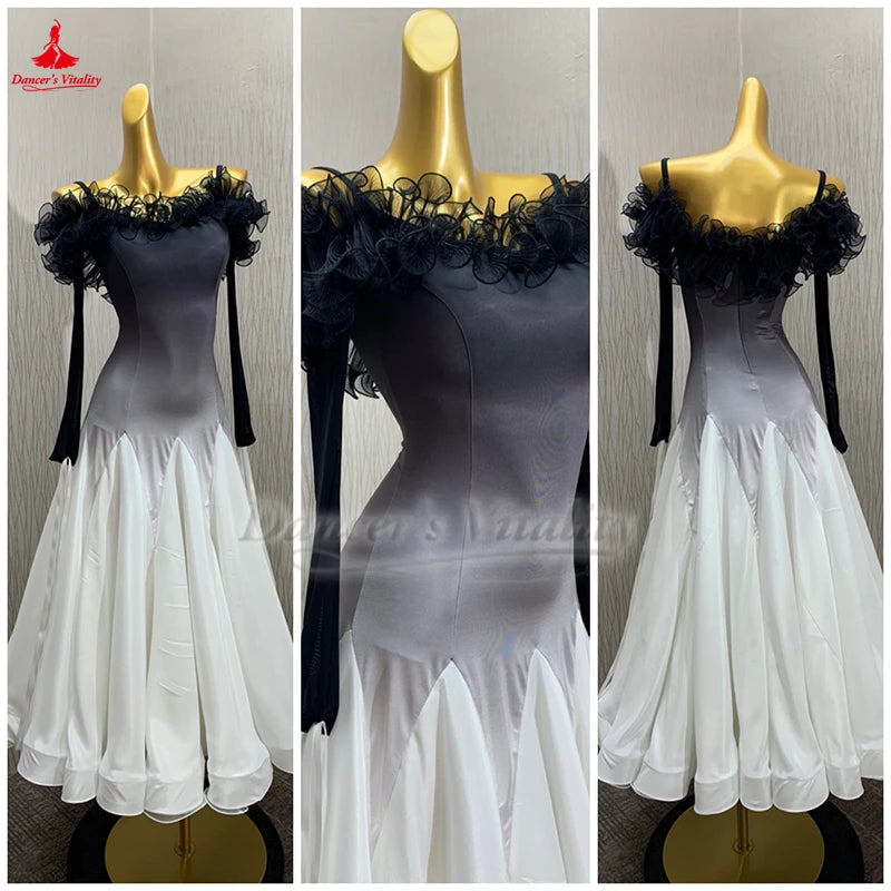 Women's Black & White Ombre Off-Shoulder Ruffled Long Sleeve Standard Ballroom Dance Dress