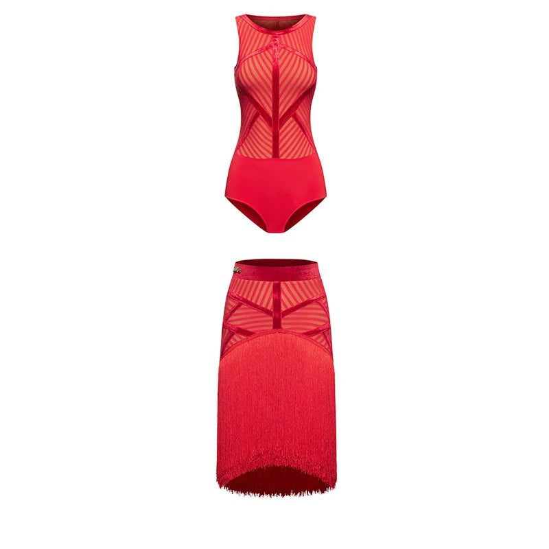 Women's Red Latin Dance Dress with Fringe Skirt & Mesh Bodice