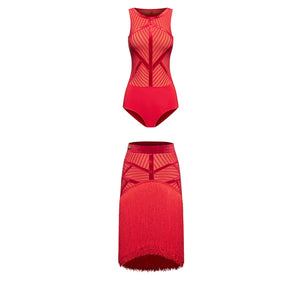Women's Red Latin Dance Dress with Fringe Skirt & Mesh Bodice