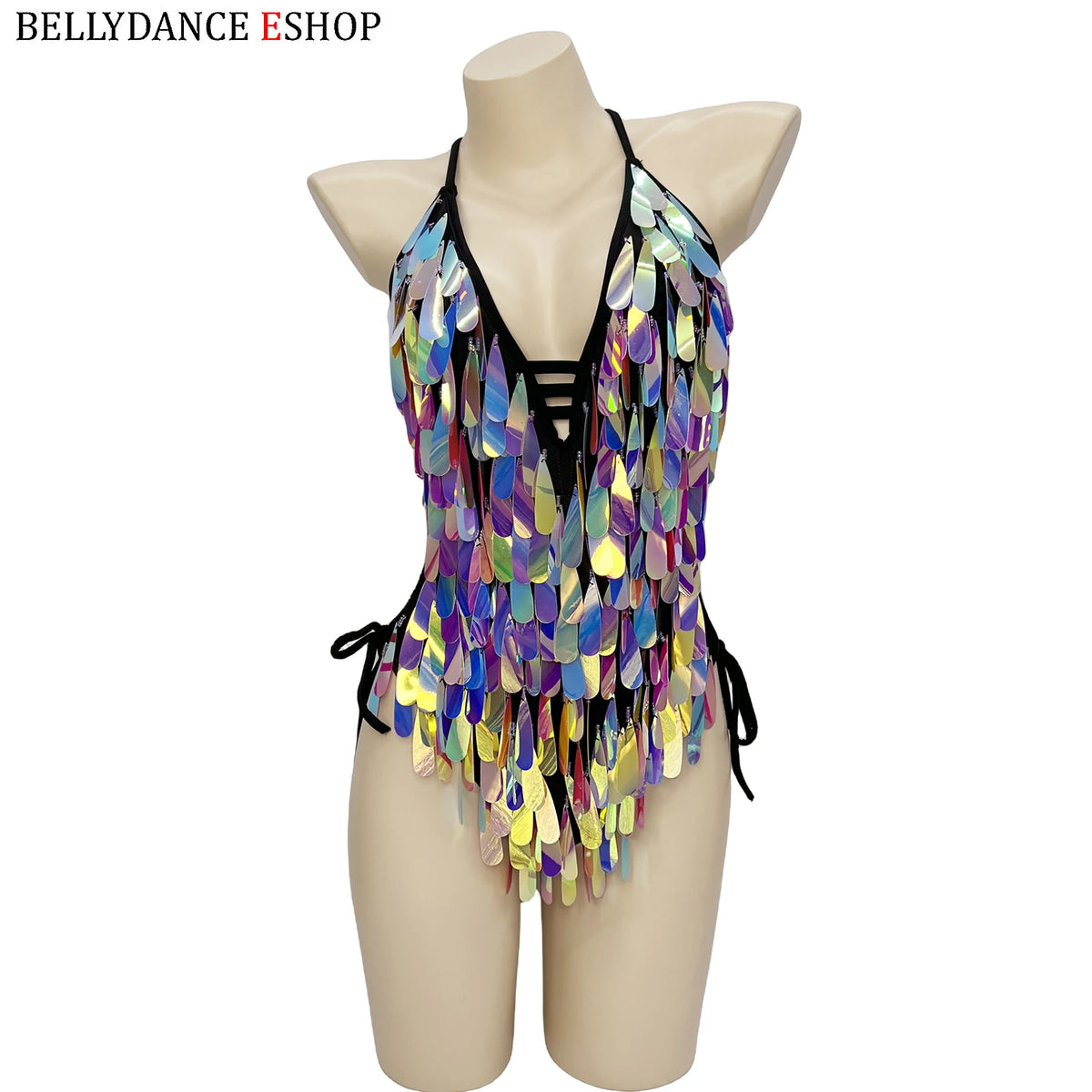 Women's Iridescent Sequin Fringe Halter Bodysuit, Belly Dance/Stage Wear