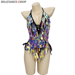 Women's Iridescent Sequin Fringe Halter Bodysuit, Belly Dance/Stage Wear