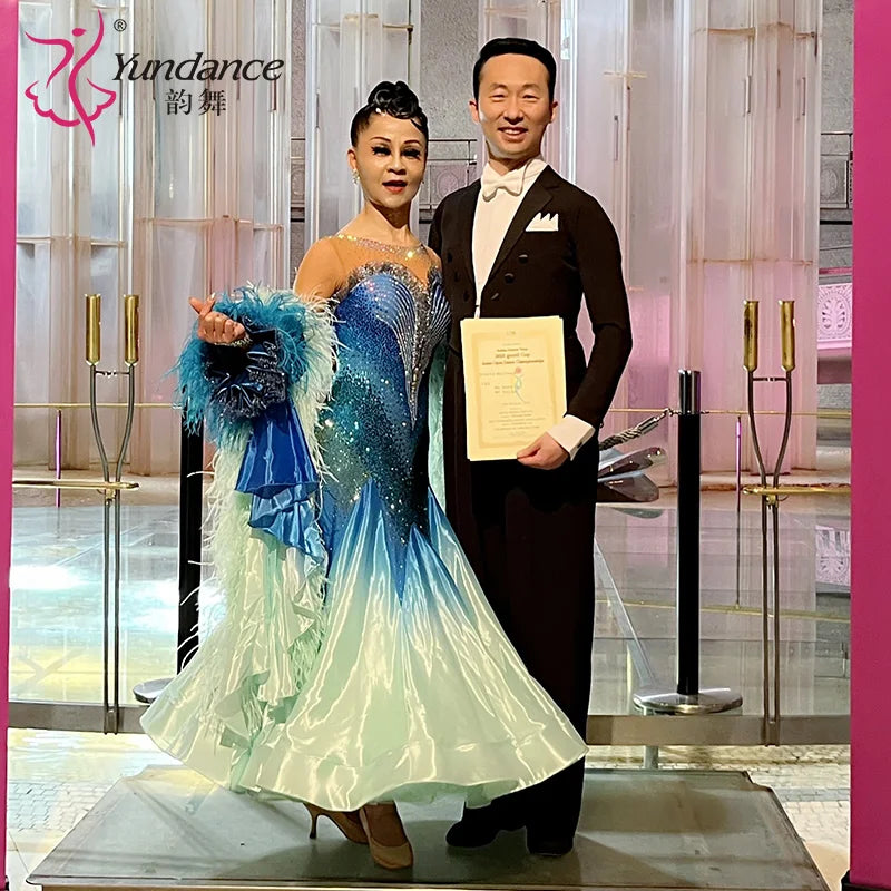 Women's Competition Ballroom Dance Dress With Feather Trim For Performance