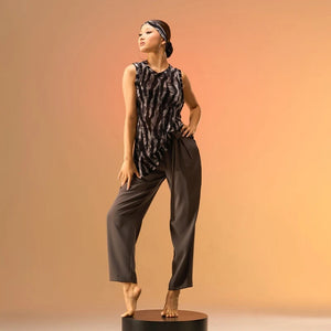 Women's Dark Mauve High-Waisted Pleated Tapered Dance Pants with Tie-Waist