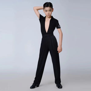Boys' Black and White V-Neck Short Sleeve Ballroom Dance Shirts and Trousers Set