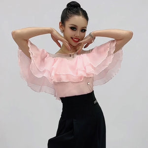 Women's Pink Ruffle Off-Shoulder Sheer Mesh Dance Top - Ballroom