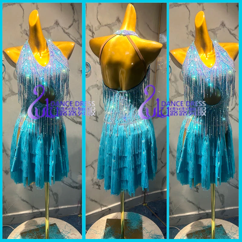 Latin Dance Dress Women's Blue Fringe Rhinestone Halter Backless Short Salsa Rumba Cha-Cha Costume