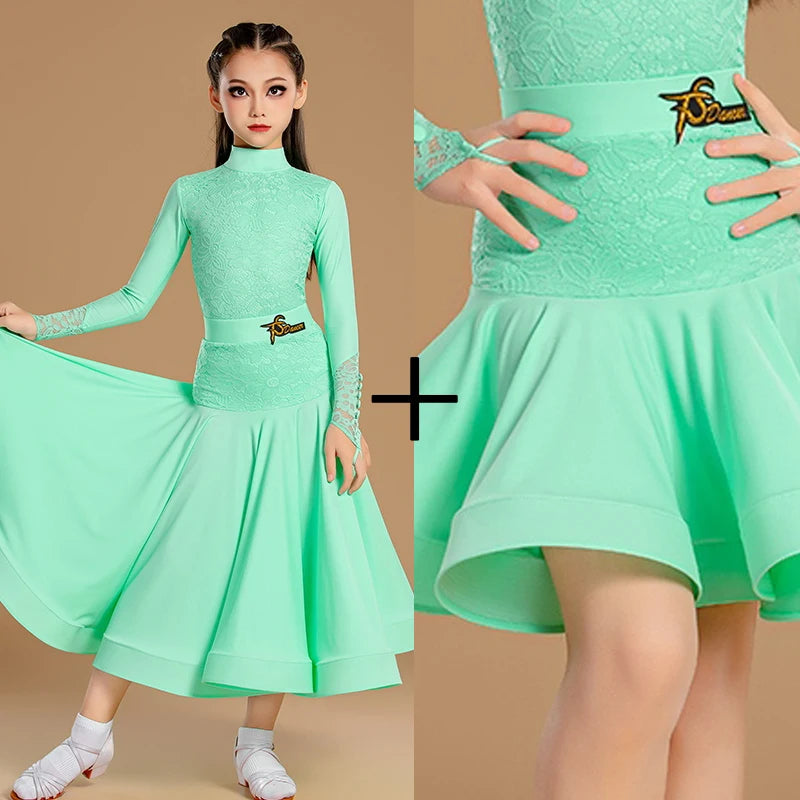 Girls White and Mint Green Lace Long Sleeve Ballroom Dance Dress