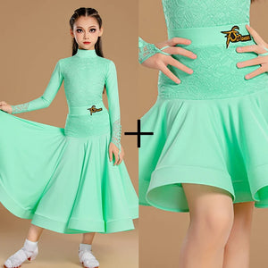 Girls White and Mint Green Lace Long Sleeve Ballroom Dance Dress