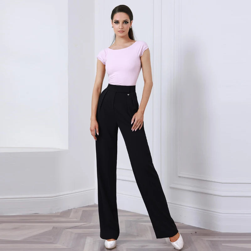 Women's Pink & Black Boat Neck Bodysuit with High-Waisted Wide-Leg Dance Pants