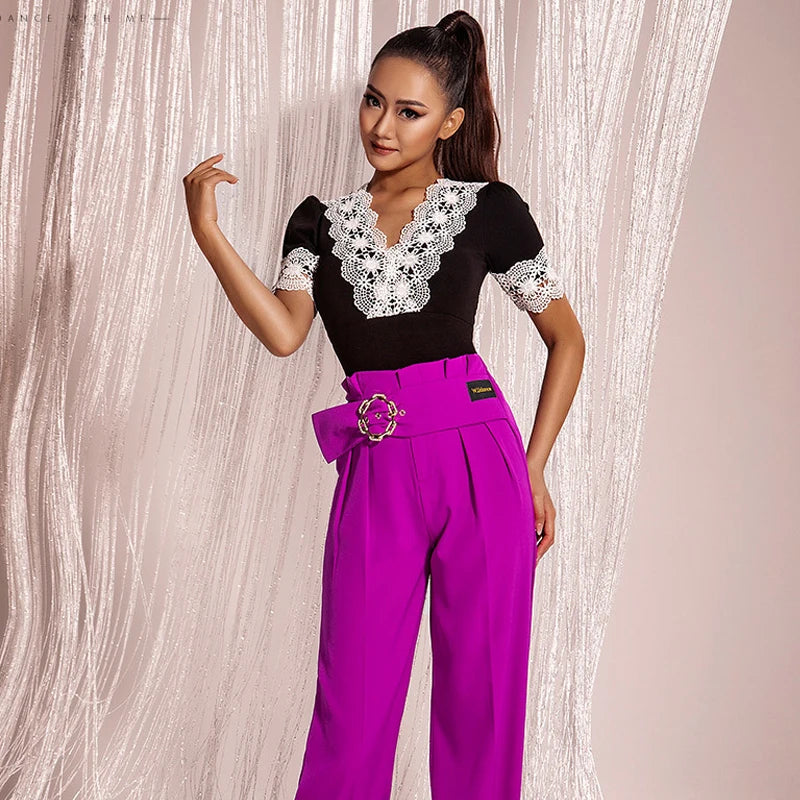 Women's Black and White Lace Leotard with Puff Sleeves, Latin Dance