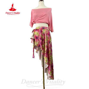 Women's Pink Off-Shoulder Crop Top and Floral Asymmetrical Skirt Set, Lightweight Dance Practice Outfit
