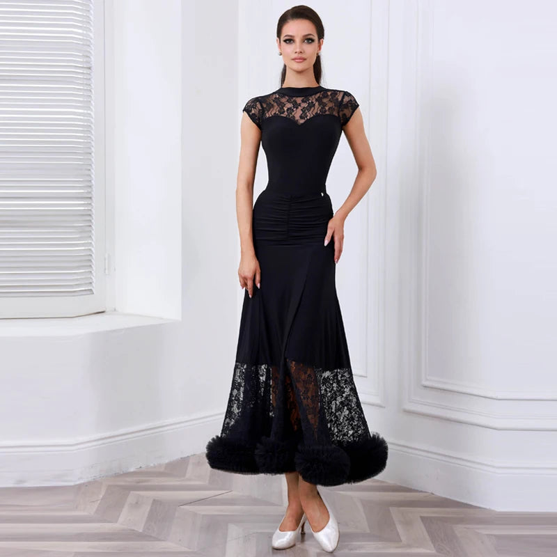 Ballroom Dance Dress Women Black Lace Ruched Long Skirt with Ruffles Latin Rhythm Smooth Standard