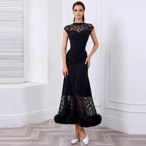 Ballroom Dance Dress Women Black Lace Ruched Long Skirt with Ruffles Latin Rhythm Smooth Standard