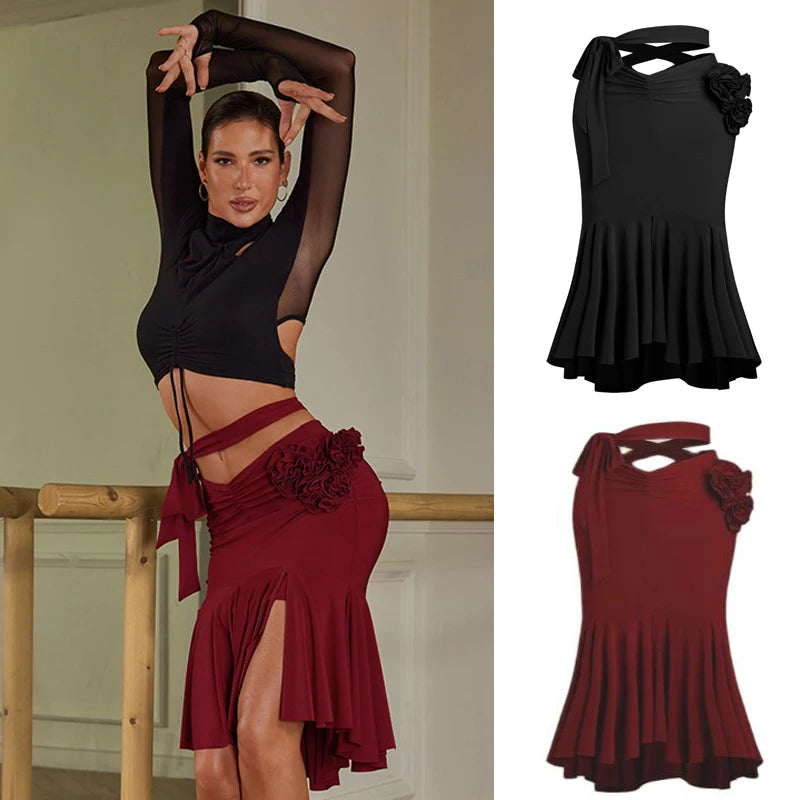 Women's Black & Red Mesh Long Sleeve Crop Top & Ruffled Slit Skirt Latin Dancewear Set