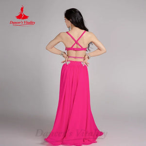 Belly Dance Costume Women Hot Pink Sequin Fringe Bra & Slit Skirt Set Chiffon Performance Outfit