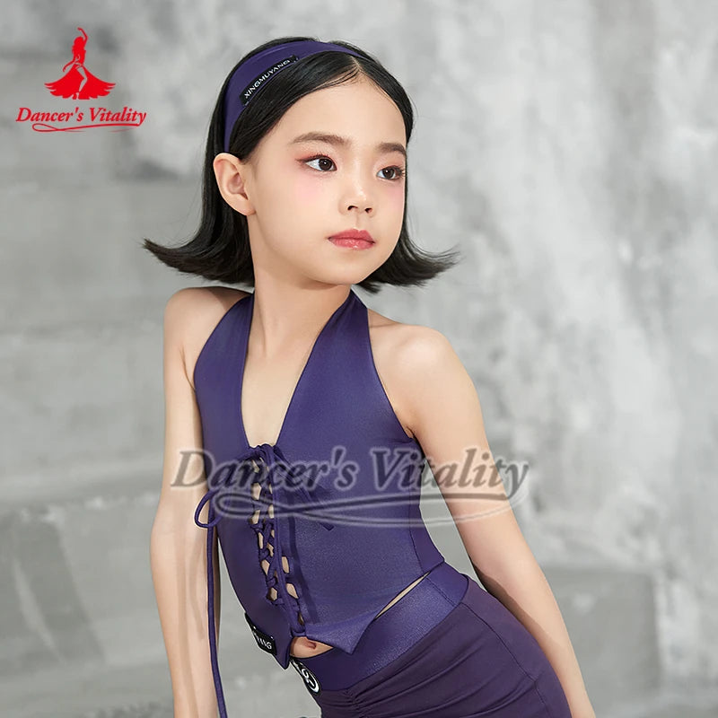 Girls' Purple Halter Lace-Up Ruffled Latin Dance Dress