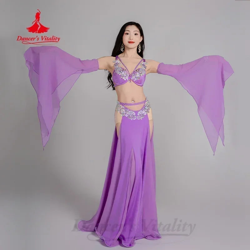 Women's Belly Dance Costume Set With AB Rhinestone Bra, Sleeves, Chiffon Long Skirt For Performance