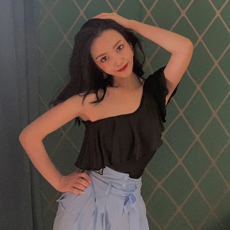 Women's Black & White Off-Shoulder Ruffle Latin Dance Top with Crisscross Back