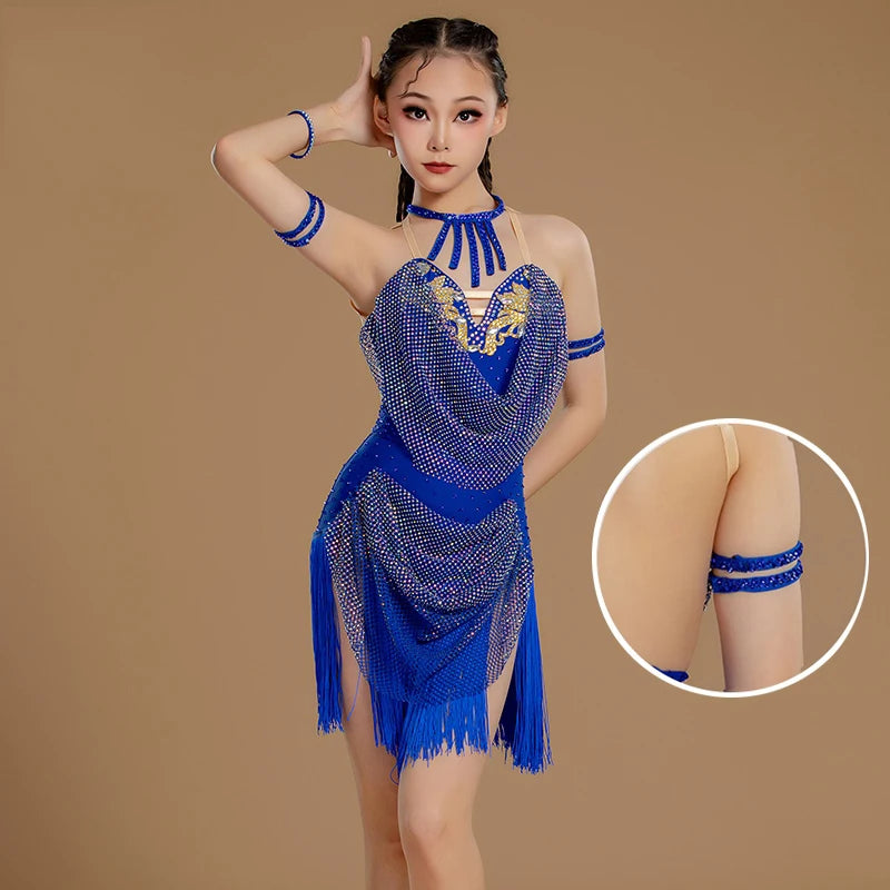Girls' Blue Sequin Fringe Latin Dance Dress with Armbands and Choker, Halter Neck