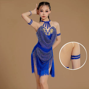Girls' Blue Sequin Fringe Latin Dance Dress with Armbands and Choker, Halter Neck